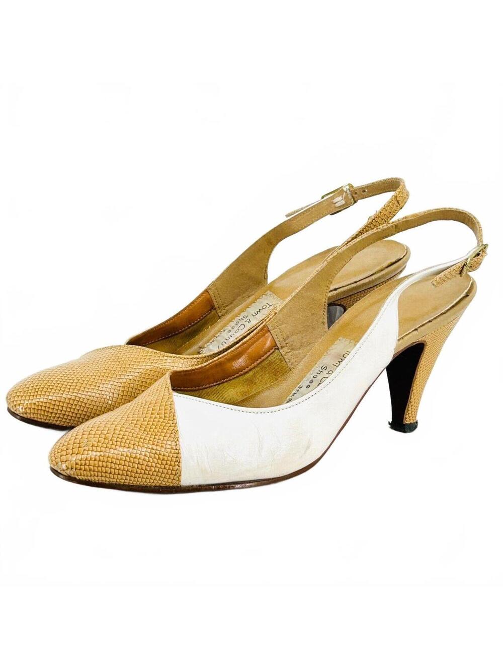 Vintage 70s Town & Country Tan White Snake Slingback Pumps